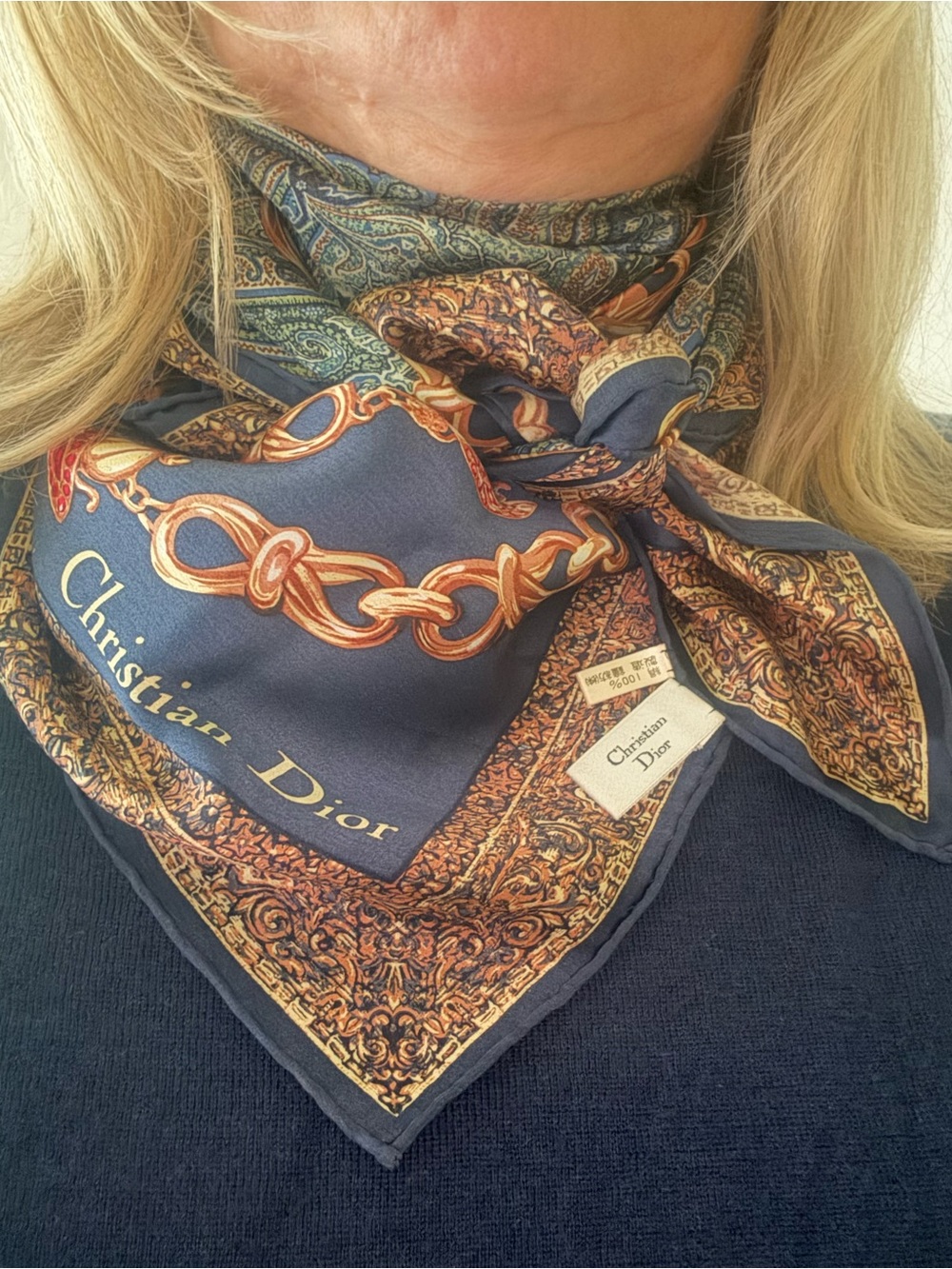 DIOR Vintage SILK Scarf 35” NAVY Gold/Ruby Jewel & Blue-Green Paisley print EUC - Picture 4 of 16